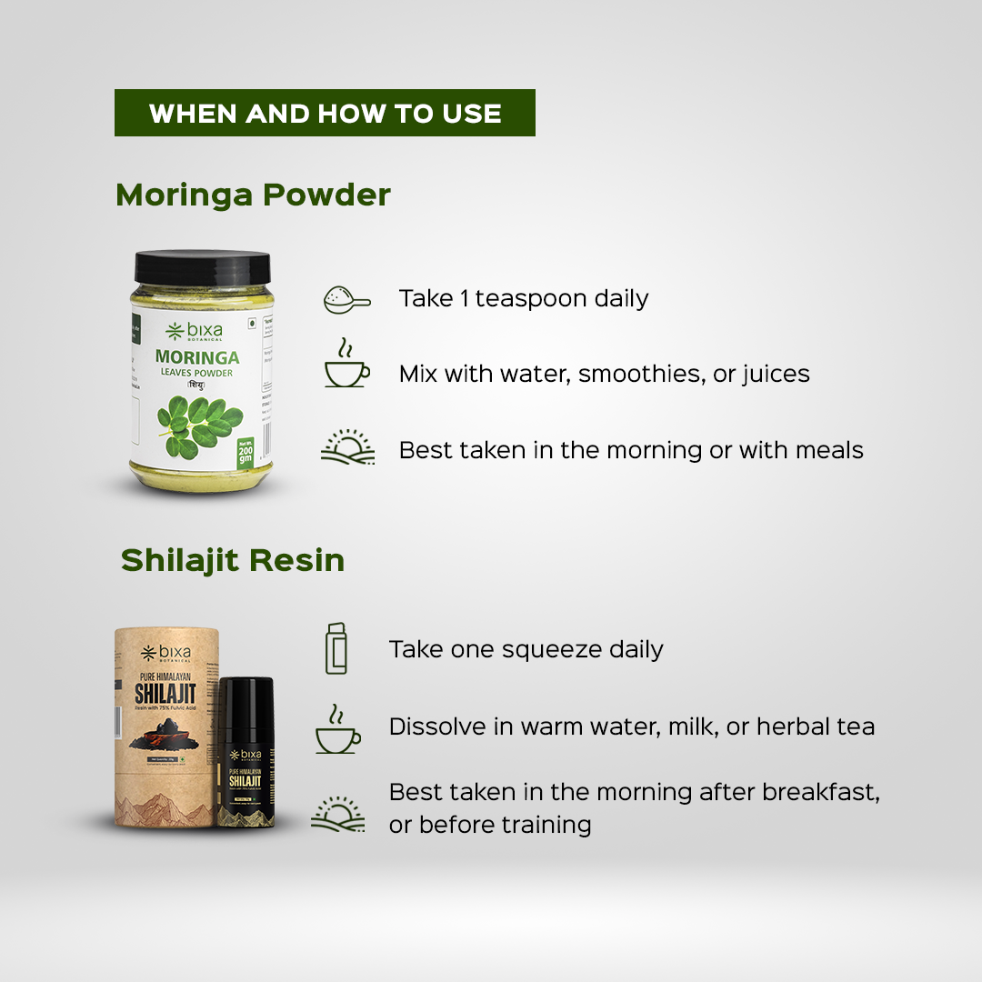 Daily Fitness Nutrition Pack | Moringa Powder + Shilajit Resin | Combo